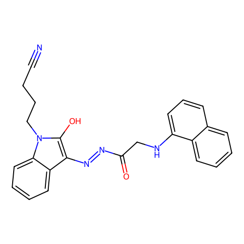 N'-[(3Z)-1-(3-cyanopropyl)-2-oxo-1,2-dihydro-3H-indol-3-ylidene]-2-(naphthalen-1-ylamino)acetohydrazide (non-preferred name) structure