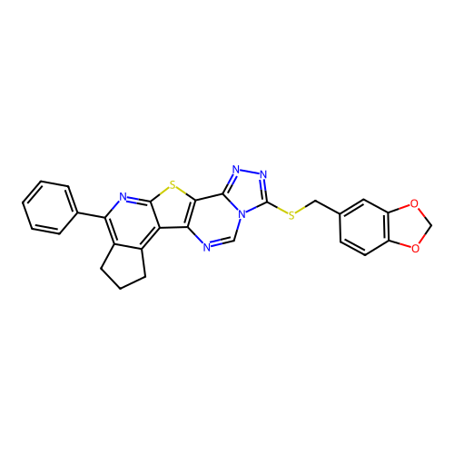 3-((benzo[d][1,3]dioxol-5-ylmethyl)thio)-10-phenyl-8,9-dihydro-7H-cyclopenta[4',5']pyrido[3',2':4,5]thieno[2,3-e][1,2,4]triazolo[4,3-c]pyrimidine structure