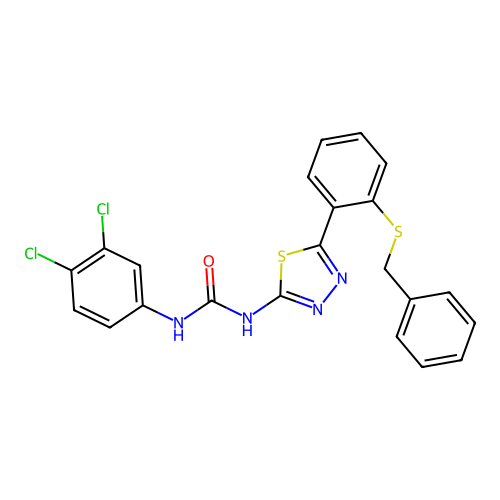 1-[5-(2-benzylsulfanylphenyl)-1,3,4-thiadiazol-2-yl]-3-(3,4-dichlorophenyl)urea structure