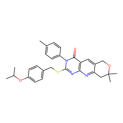 2-((4-isopropoxybenzyl)thio)-8,8-dimethyl-3-(p-tolyl)-8,9-dihydro-3H-pyrano[3',4':5,6]pyrido[2,3-d]pyrimidin-4(6H)-one structure