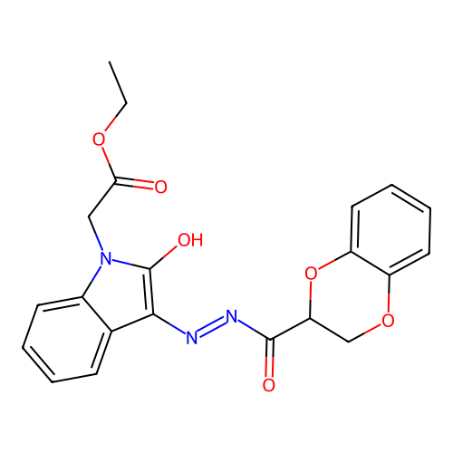 ethyl {(3Z)-3-[2-(2,3-dihydro-1,4-benzodioxin-2-ylcarbonyl)hydrazinylidene]-2-oxo-2,3-dihydro-1H-indol-1-yl}acetate structure