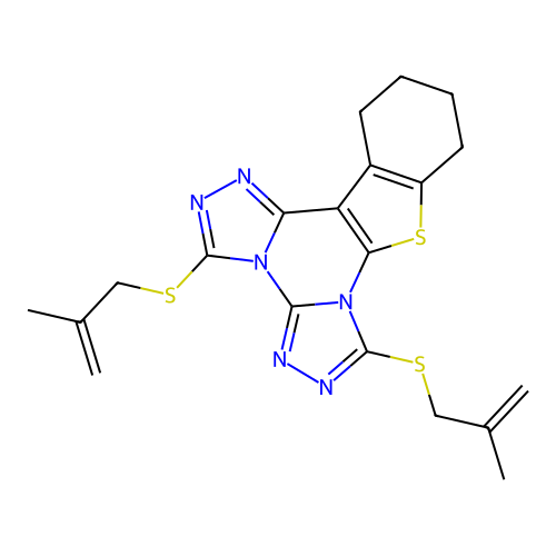 3,7-bis((2-methylallyl)thio)-10,11,12,13-tetrahydrobenzo[4,5]thieno[3,2-e]bis([1,2,4]triazolo)[4,3-a:4',3'-c]pyrimidine structure