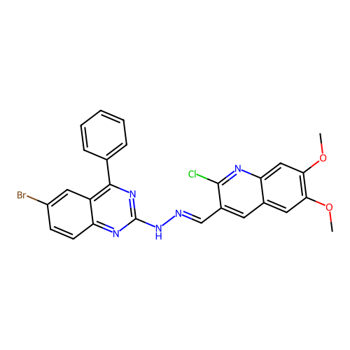 (2E)-6-bromo-2-{(2E)-[(2-chloro-6,7-dimethoxyquinolin-3-yl)methylidene]hydrazinylidene}-4-phenyl-2,3-dihydroquinazoline structure