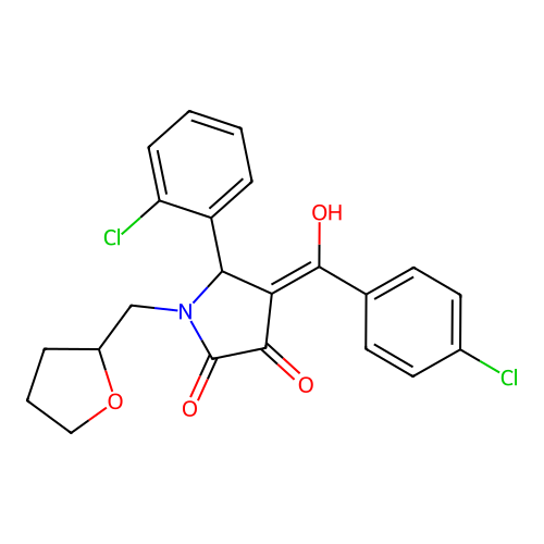 (4E)-5-(2-chlorophenyl)-4-[(4-chlorophenyl)(hydroxy)methylidene]-1-(tetrahydrofuran-2-ylmethyl)pyrrolidine-2,3-dione structure