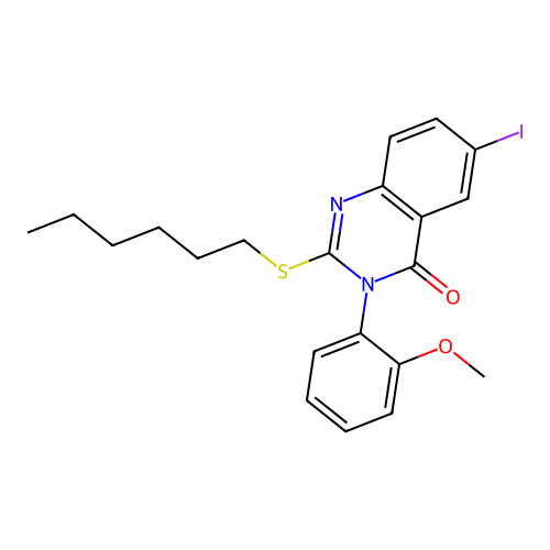 2-(hexylsulfanyl)-6-iodo-3-(2-methoxyphenyl)quinazolin-4(3H)-one structure