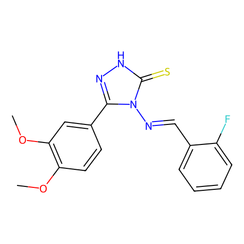 (E)-5-(3,4-dimethoxyphenyl)-4-((2-fluorobenzylidene)amino)-4H-1,2,4-triazole-3-thiol structure