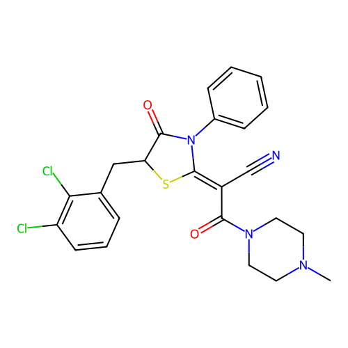 (Z)-2-(5-(2,3-dichlorobenzyl)-4-oxo-3-phenylthiazolidin-2-ylidene)-3-(4-methylpiperazin-1-yl)-3-oxopropanenitrile structure