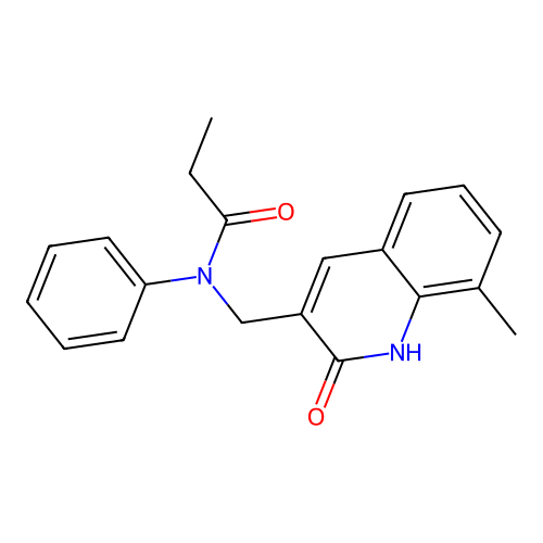 N-[(8-methyl-2-oxo-1H-quinolin-3-yl)methyl]-N-phenylpropanamide structure