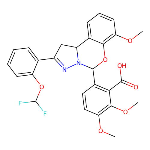 6-(2-(2-(difluoromethoxy)phenyl)-7-methoxy-5,10b-dihydro-1H-benzo[e]pyrazolo[1,5-c][1,3]oxazin-5-yl)-2,3-dimethoxybenzoic acid structure