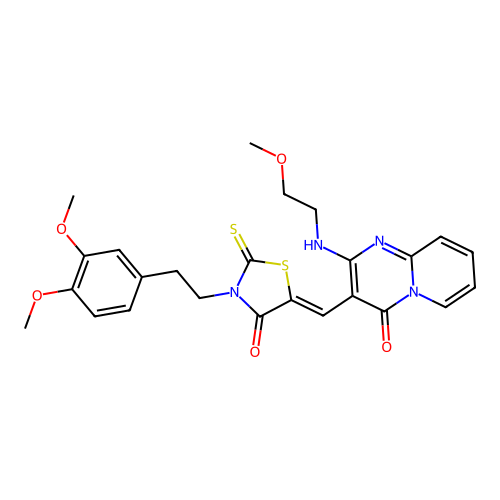 3-[(Z)-{3-[2-(3,4-dimethoxyphenyl)ethyl]-4-oxo-2-thioxo-1,3-thiazolidin-5-ylidene}methyl]-2-[(2-methoxyethyl)amino]-4H-pyrido[1,2-a]pyrimidin-4-one structure