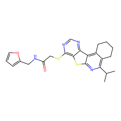 N-(furan-2-ylmethyl)-2-((5-isopropyl-1,2,3,4-tetrahydropyrimido[4',5':4,5]thieno[2,3-c]isoquinolin-8-yl)thio)acetamide structure
