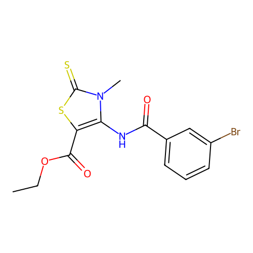 ethyl 4-(3-bromobenzamido)-3-methyl-2-thioxo-2,3-dihydrothiazole-5-carboxylate structure