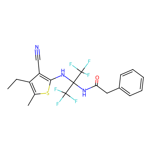 N-(2-((3-cyano-4-ethyl-5-methylthiophen-2-yl)amino)-1,1,1,3,3,3-hexafluoropropan-2-yl)-2-phenylacetamide structure
