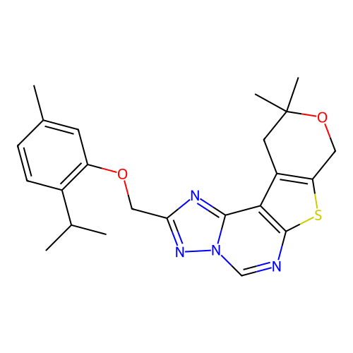 10,10-dimethyl-2-{[5-methyl-2-(propan-2-yl)phenoxy]methyl}-10,11-dihydro-8H-pyrano[4',3':4,5]thieno[3,2-e][1,2,4]triazolo[1,5-c]pyrimidine structure