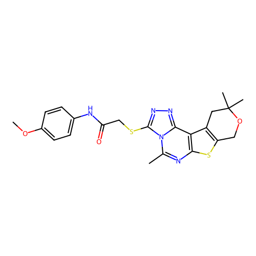 N-(4-methoxyphenyl)-2-((5,10,10-trimethyl-10,11-dihydro-8H-pyrano[4',3':4,5]thieno[3,2-e][1,2,4]triazolo[4,3-c]pyrimidin-3-yl)thio)acetamide structure