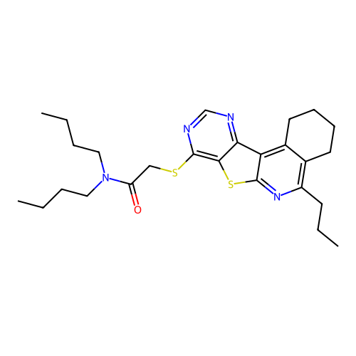 N,N-dibutyl-2-((5-propyl-1,2,3,4-tetrahydropyrimido[4',5':4,5]thieno[2,3-c]isoquinolin-8-yl)thio)acetamide structure