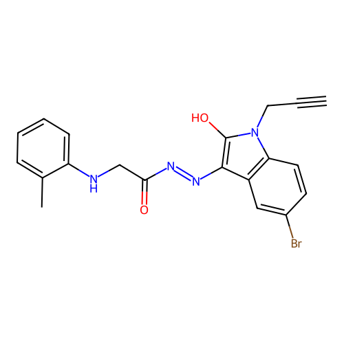 N-[(5-bromo-2-oxo-1-prop-2-ynyl-indol-3-ylidene)amino]-2-[(2-methylphenyl)amino]acetamide structure