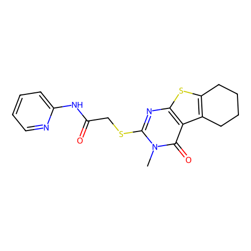 2-((3-methyl-4-oxo-3,4,5,6,7,8-hexahydrobenzo[4,5]thieno[2,3-d]pyrimidin-2-yl)thio)-N-(pyridin-2-yl)acetamide structure
