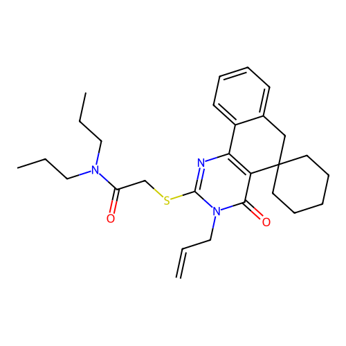 2-((3-allyl-4-oxo-4,6-dihydro-3H-spiro[benzo[h]quinazoline-5,1'-cyclohexan]-2-yl)thio)-N,N-dipropylacetamide structure