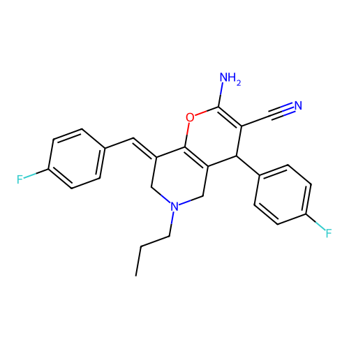 (8E)-2-amino-4-(4-fluorophenyl)-8-[(4-fluorophenyl)methylidene]-6-propyl-5,7-dihydro-4H-pyrano[3,2-c]pyridine-3-carbonitrile structure