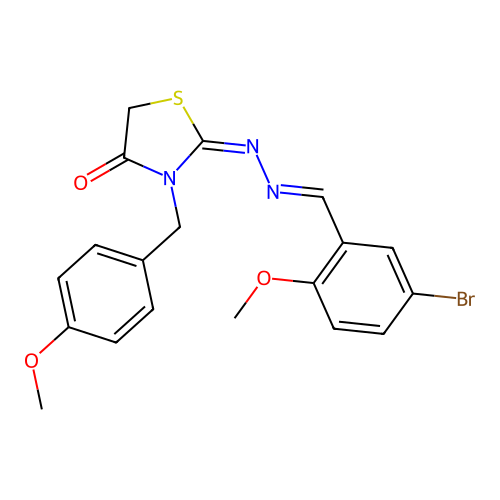 (E)-2-((E)-(5-bromo-2-methoxybenzylidene)hydrazono)-3-(4-methoxybenzyl)thiazolidin-4-one structure