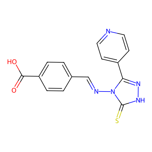 4-[(E)-(3-pyridin-4-yl-5-sulfanylidene-1H-1,2,4-triazol-4-yl)iminomethyl]benzoic acid structure