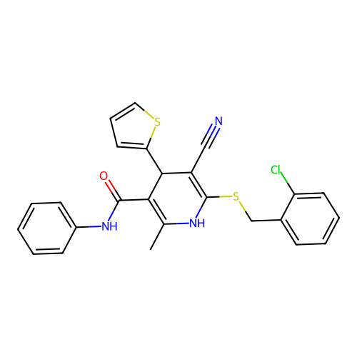 6-((2-chlorobenzyl)thio)-5-cyano-2-methyl-N-phenyl-4-(thiophen-2-yl)-1,4-dihydropyridine-3-carboxamide structure