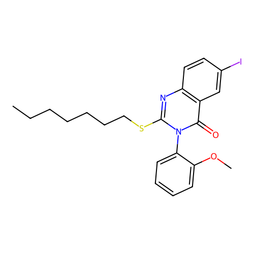 2-(heptylsulfanyl)-6-iodo-3-(2-methoxyphenyl)quinazolin-4(3H)-one structure