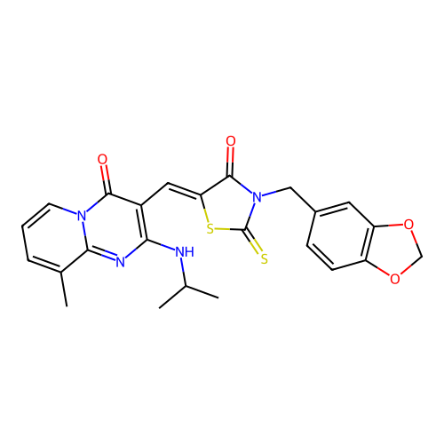 (Z)-3-(benzo[d][1,3]dioxol-5-ylmethyl)-5-((2-(isopropylamino)-9-methyl-4-oxo-4H-pyrido[1,2-a]pyrimidin-3-yl)methylene)-2-thioxothiazolidin-4-one structure