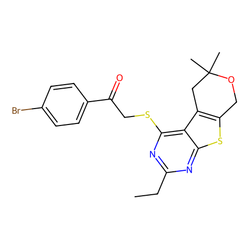 1-(4-bromophenyl)-2-((2-ethyl-6,6-dimethyl-6,8-dihydro-5H-pyrano[4',3':4,5]thieno[2,3-d]pyrimidin-4-yl)thio)ethanone structure