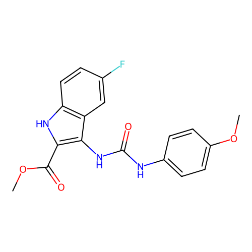 methyl 5-fluoro-3-{[(4-methoxyphenyl)carbamoyl]amino}-1H-indole-2-carboxylate structure