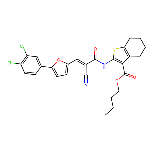 (E)-butyl 2-(2-cyano-3-(5-(3,4-dichlorophenyl)furan-2-yl)acrylamido)-4,5,6,7-tetrahydrobenzo[b]thiophene-3-carboxylate structure