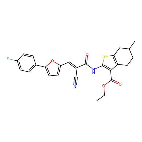 (E)-ethyl 2-(2-cyano-3-(5-(4-fluorophenyl)furan-2-yl)acrylamido)-6-methyl-4,5,6,7-tetrahydrobenzo[b]thiophene-3-carboxylate structure