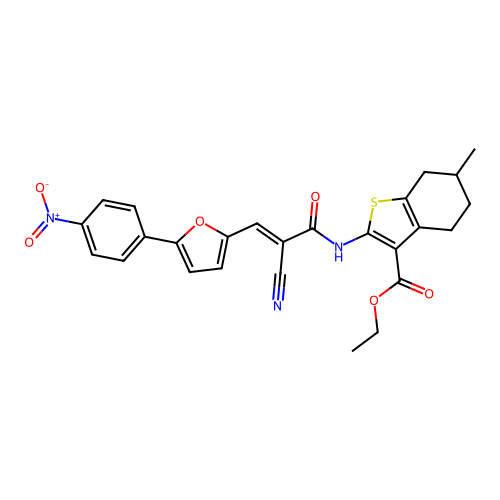 ethyl 2-({(2E)-2-cyano-3-[5-(4-nitrophenyl)furan-2-yl]prop-2-enoyl}amino)-6-methyl-4,5,6,7-tetrahydro-1-benzothiophene-3-carboxylate structure