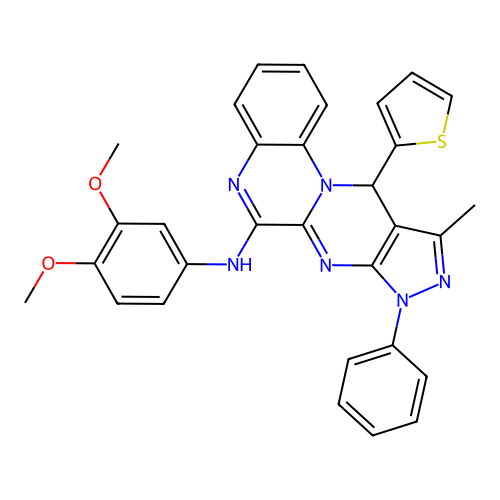 N-(3,4-dimethoxyphenyl)-10-methyl-8-phenyl-11-(thiophen-2-yl)-8,11-dihydropyrazolo[3',4':4,5]pyrimido[1,2-a]quinoxalin-6-amine structure