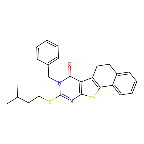 8-benzyl-9-(isopentylthio)-5,6-dihydronaphtho[2',1':4,5]thieno[2,3-d]pyrimidin-7(8H)-one structure