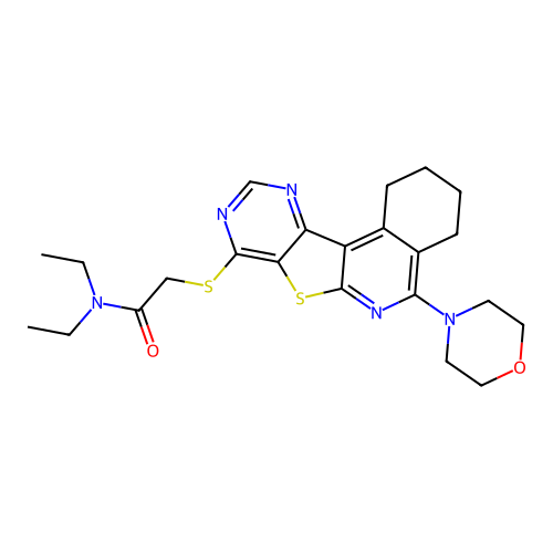 N,N-diethyl-2-((5-morpholino-1,2,3,4-tetrahydropyrimido[4',5':4,5]thieno[2,3-c]isoquinolin-8-yl)thio)acetamide structure