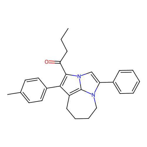 1-(4-phenyl-1-(p-tolyl)-5,6,7,8-tetrahydro-2a,4a-diazacyclopenta[cd]azulen-2-yl)butan-1-one structure