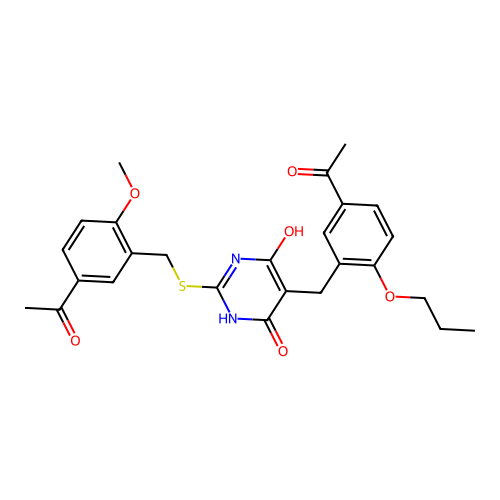 1-(3-((2-((5-acetyl-2-methoxybenzyl)thio)-4,6-dihydroxypyrimidin-5-yl)methyl)-4-propoxyphenyl)ethanone structure
