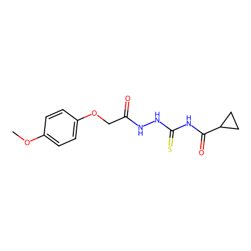 N-({2-[(4-methoxyphenoxy)acetyl]hydrazino}carbothioyl)cyclopropanecarboxamide structure