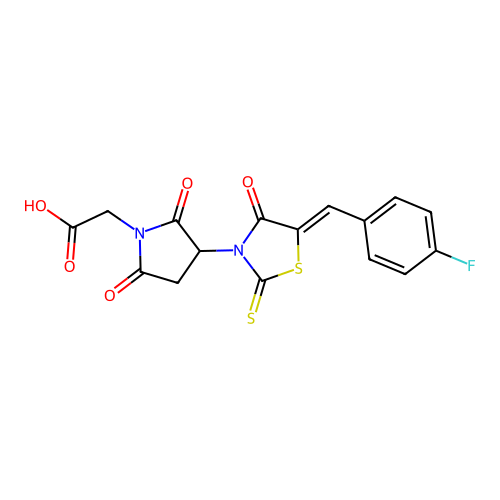 (Z)-2-(3-(5-(4-fluorobenzylidene)-4-oxo-2-thioxothiazolidin-3-yl)-2,5-dioxopyrrolidin-1-yl)acetic acid structure