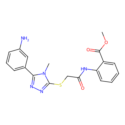 methyl 2-(2-((5-(3-aminophenyl)-4-methyl-4H-1,2,4-triazol-3-yl)thio)acetamido)benzoate structure