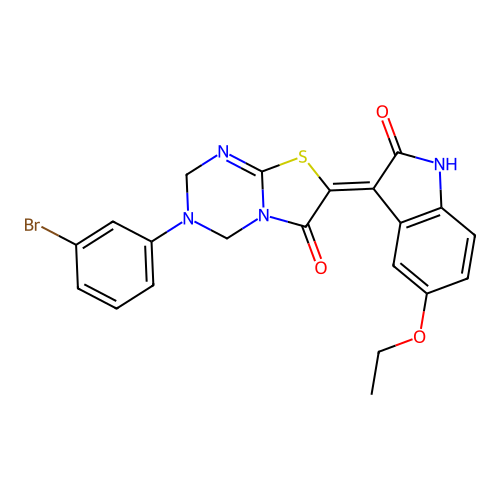 (7Z)-3-(3-bromophenyl)-7-(5-ethoxy-2-oxo-1,2-dihydro-3H-indol-3-ylidene)-3,4-dihydro-2H-[1,3]thiazolo[3,2-a][1,3,5]triazin-6(7H)-one structure