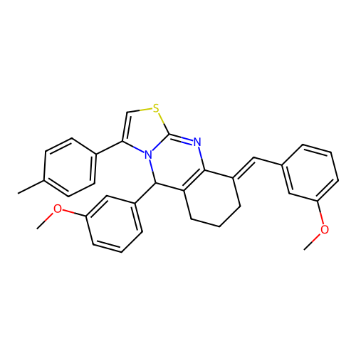 (9E)-5-(3-methoxyphenyl)-9-[(3-methoxyphenyl)methylidene]-3-(4-methylphenyl)-5,6,7,8-tetrahydro-[1,3]thiazolo[2,3-b]quinazoline structure
