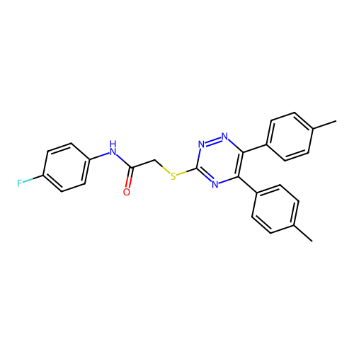 2-[[5,6-bis(4-methylphenyl)-1,2,4-triazin-3-yl]sulfanyl]-N-(4-fluorophenyl)acetamide structure