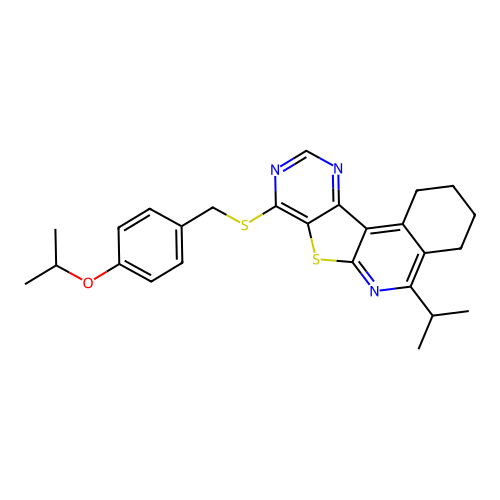 5-(propan-2-yl)-8-{[4-(propan-2-yloxy)benzyl]sulfanyl}-1,2,3,4-tetrahydropyrimido[4',5':4,5]thieno[2,3-c]isoquinoline structure