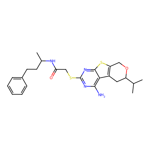 2-((4-amino-6-isopropyl-6,8-dihydro-5H-pyrano[4',3':4,5]thieno[2,3-d]pyrimidin-2-yl)thio)-N-(4-phenylbutan-2-yl)acetamide structure