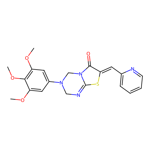 (7Z)-7-(pyridin-2-ylmethylidene)-3-(3,4,5-trimethoxyphenyl)-3,4-dihydro-2H-[1,3]thiazolo[3,2-a][1,3,5]triazin-6(7H)-one structure