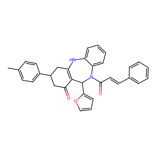 (2E)-1-[11-(furan-2-yl)-1-hydroxy-3-(4-methylphenyl)-2,3,4,11-tetrahydro-10H-dibenzo[b,e][1,4]diazepin-10-yl]-3-phenylprop-2-en-1-one structure