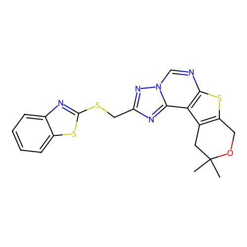 2-((benzo[d]thiazol-2-ylthio)methyl)-10,10-dimethyl-10,11-dihydro-8H-pyrano[4',3':4,5]thieno[3,2-e][1,2,4]triazolo[1,5-c]pyrimidine structure